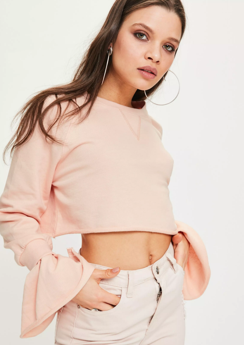 petite pink double frill cuff cropped sweatshirt