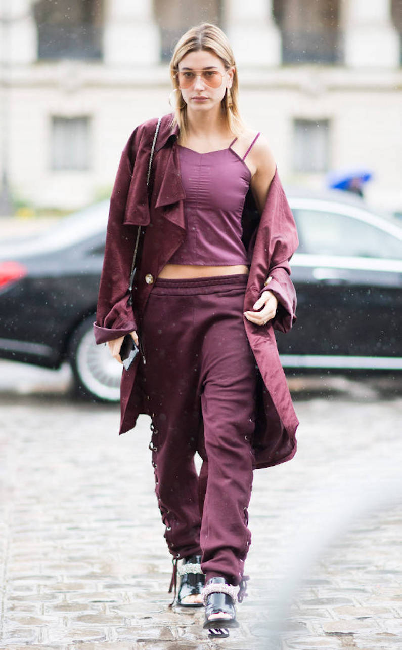 Hailey Baldwin: Burgundy Tee and Sweatpants